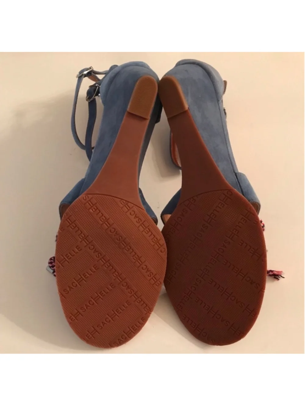Sachelle Blue Suede Wedge Sandals Rope Bow Ankle Strap Zip Back Women’s Size 9.5